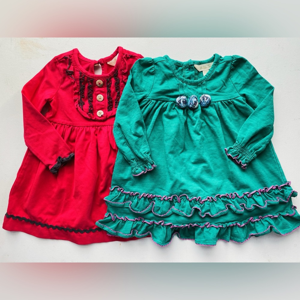Matilda Jane Teal Swing + Red Knit Ruffle Holiday Dress Lot Baby 12-18 Months